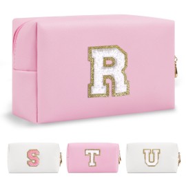 Personalized Initial A-Z Preppy Patch Makeup Bag,Small PU Chenille Letter Cosmetic Bag with Zipper,Waterproof Cute Toiletry Organizer Bag,Monogram Makeup Case Gift for Women Girls,Letter R