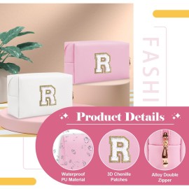 Personalized Initial A-Z Preppy Patch Makeup Bag,Small PU Chenille Letter Cosmetic Bag with Zipper,Waterproof Cute Toiletry Organizer Bag,Monogram Makeup Case Gift for Women Girls,Letter R