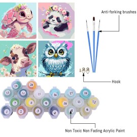 FQOVKYN 4 Pack Paint by Number for Kids, Cute Animals Paint by Numbers Kit for Adults Beginner, Easy Acrylic Watercolor Paint by Numbers Canvas Arts and Crafts for Wall Decor (8 * 8in)