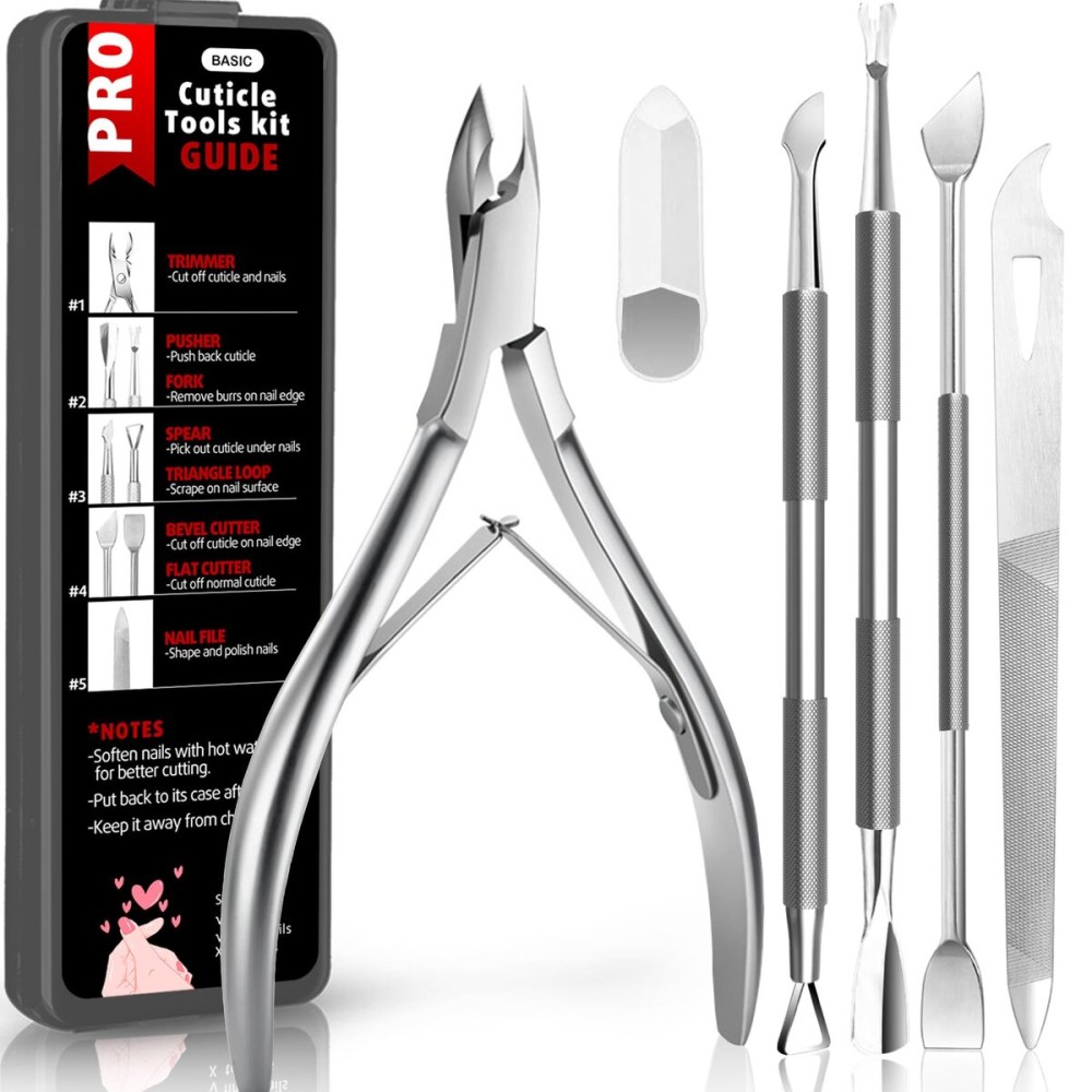 Cbiumpro 5-Pack Cuticle Trimmer Set with Pusher, Cutter, Scraper, Nipper, Clipper, Professional Stainless Steel Cuticle Remover Tools Kit for Fingernails & Toenails - with Case