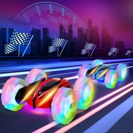 Geefia 3Pcs Remote Control Car Toys for Kids, 2.4GHz RC Stunt Cars with Wheel Lights, Drift High Speed 4WD Off Road Double Sided 360 Rotating Cars(Blue+Red+Green)