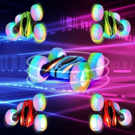Geefia 3Pcs Remote Control Car Toys for Kids, 2.4GHz RC Stunt Cars with Wheel Lights, Drift High Speed 4WD Off Road Double Sided 360 Rotating Cars(Blue+Red+Green)