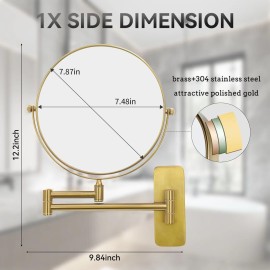 Nicesail Brass Make up Mirror Wall Mounted,1X and 7X Double-Sided Magnifying Mirror Brass Vanity Mirror for Bathroom Wall Extendable Swivel, Antique Brass Finish (8 Inch, 7X)