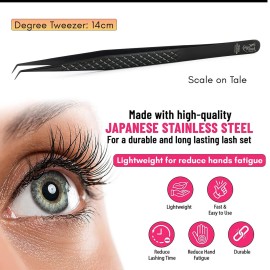 CEC isolation tweezers eyelash extensions Curved Degree Tweezers for Isolation Lash Extensions 14cm Best for Individual Isolation & Classic Lashes Japanese Stainless Steel Eyelash Twisers (Black)