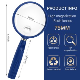 Feosky Handheld Reading Magnifier, 10X 30X Magnifier, 75mm Shatterproof Lens, Non-Slip Handle for Adults Close Work, Seniors Reading and Kids Nature Exploration, Hobby Observation (Blue) Feosky Handheld Reading Magnifier, 10X 30X Magnifier, 75mm Shatterproof Lens, Non-Slip Handle for Adults Close Work, Seniors Reading and Kids Nature Exploration, Hobby Observation (Blue)