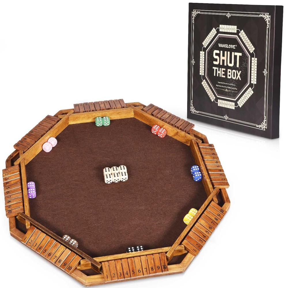 Vamslove Shut The Box Dice Game for 8 Players Upgraded Wooden Board Table Math Game with 16 +6 Dices - Educational Game for Kids, Adults(Instruction Included)