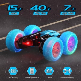 28C RC Cars Rotating Stunt Car, Remote Control Cars Toys with Headlight Wheel Light, Double-Sided Driving 360Flips Rotating Car Toy for Boys Girls Birthday (Blue)