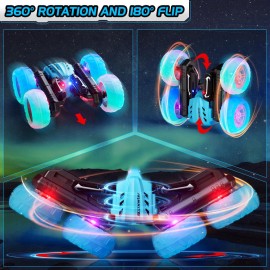 28C RC Cars Rotating Stunt Car, Remote Control Cars Toys with Headlight Wheel Light, Double-Sided Driving 360Flips Rotating Car Toy for Boys Girls Birthday (Blue)
