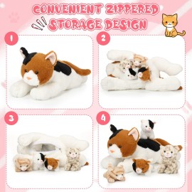 Skylety 5 Pieces Cat Stuffed Animal with Babies Inside Belly Pregnant Cat Plush Mommy Kitty with 4 Cute Fluffy Stuffed Kittens Easter Birthday Surprise Gifts(Orange, Black, White)