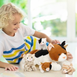 Skylety 5 Pieces Cat Stuffed Animal with Babies Inside Belly Pregnant Cat Plush Mommy Kitty with 4 Cute Fluffy Stuffed Kittens Easter Birthday Surprise Gifts(Orange, Black, White)