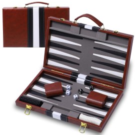 Backgammon Sets for Adults, 15 inch Backgammon Brown Sets Classic Board Game with Premium Leather Case, Portable Travels Strategy Backgammon Game Set for Adults, Kids (Brown)