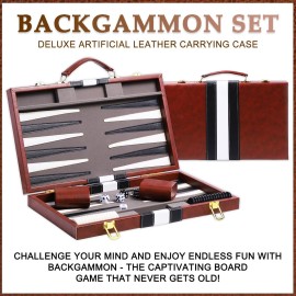 Backgammon Sets for Adults, 15 inch Backgammon Brown Sets Classic Board Game with Premium Leather Case, Portable Travels Strategy Backgammon Game Set for Adults, Kids (Brown)