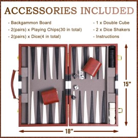 Backgammon Sets for Adults, 15 inch Backgammon Brown Sets Classic Board Game with Premium Leather Case, Portable Travels Strategy Backgammon Game Set for Adults, Kids (Brown)