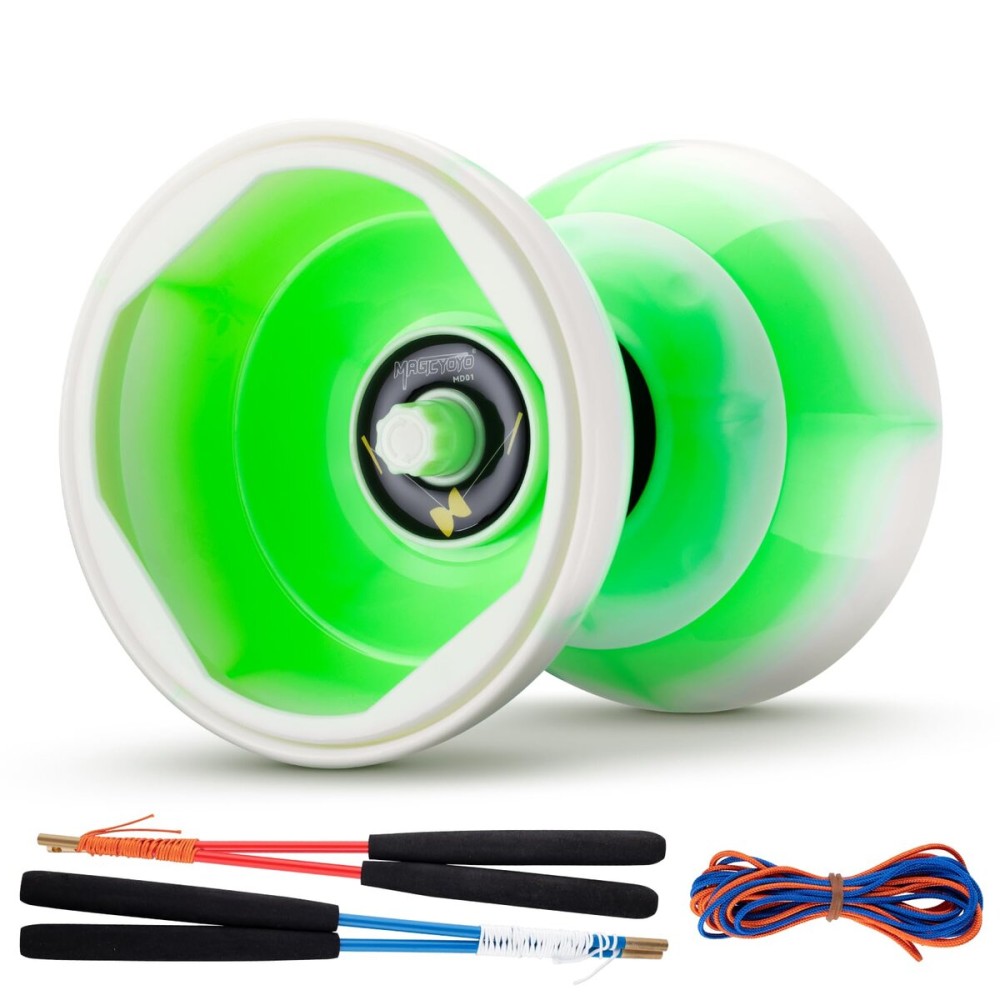 MAGICYOYO Pro Triple Bearing Diabolo Medium Size 5 Blue Chinese Yoyo Toy with 2 Pair Carbon Sticks+ 2 Extra Strings +1 Net Bag, High Performance Chinese Yoyo Diabolo Skill Toy - Green White