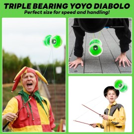 MAGICYOYO Pro Triple Bearing Diabolo Medium Size 5 Blue Chinese Yoyo Toy with 2 Pair Carbon Sticks+ 2 Extra Strings +1 Net Bag, High Performance Chinese Yoyo Diabolo Skill Toy - Green White