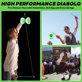 MAGICYOYO Pro Triple Bearing Diabolo Medium Size 5 Blue Chinese Yoyo Toy with 2 Pair Carbon Sticks+ 2 Extra Strings +1 Net Bag, High Performance Chinese Yoyo Diabolo Skill Toy - Green White