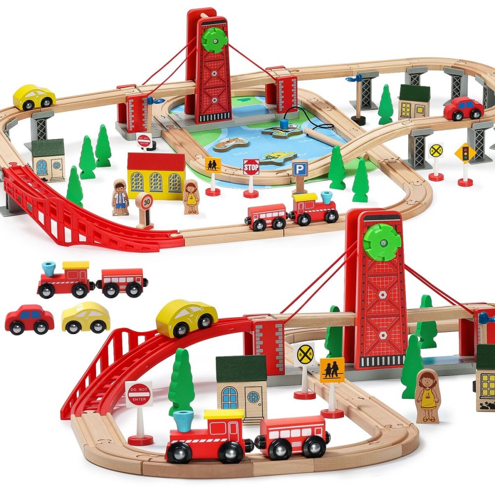 SainSmart Jr. Wooden Train Set for Toddler, Double-Side Wood Train Track with 4 Trains Fits Brio, Thomas, Melissa and Doug, Toy Railway Kit for Kids Ages 3+
