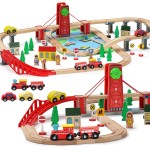 SainSmart Jr. Wooden Train Set for Toddler, Double-Side Wood Train Track with 4 Trains Fits Brio, Thomas, Melissa and Doug, Toy Railway Kit for Kids Ages 3+