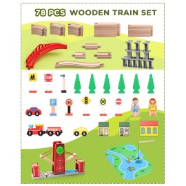 SainSmart Jr. Wooden Train Set for Toddler, Double-Side Wood Train Track with 4 Trains Fits Brio, Thomas, Melissa and Doug, Toy Railway Kit for Kids Ages 3+