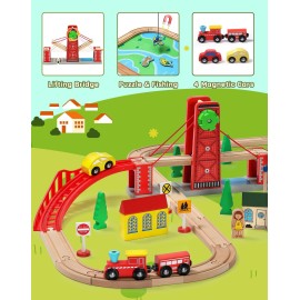 SainSmart Jr. Wooden Train Set for Toddler, Double-Side Wood Train Track with 4 Trains Fits Brio, Thomas, Melissa and Doug, Toy Railway Kit for Kids Ages 3+