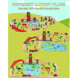 SainSmart Jr. Wooden Train Set for Toddler, Double-Side Wood Train Track with 4 Trains Fits Brio, Thomas, Melissa and Doug, Toy Railway Kit for Kids Ages 3+