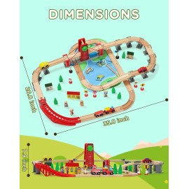 SainSmart Jr. Wooden Train Set for Toddler, Double-Side Wood Train Track with 4 Trains Fits Brio, Thomas, Melissa and Doug, Toy Railway Kit for Kids Ages 3+