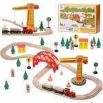 SainSmart Jr. Wooden Train Set for Toddler, 41pcs Wood Train Track w/Crane Fits Brio, Thomas, Melissa and Doug, Kids Wood Toy Train for Kids Ages 3+