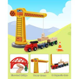 SainSmart Jr. Wooden Train Set for Toddler, 41pcs Wood Train Track w/Crane Fits Brio, Thomas, Melissa and Doug, Kids Wood Toy Train for Kids Ages 3+