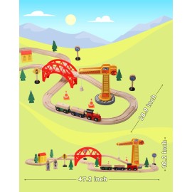 SainSmart Jr. Wooden Train Set for Toddler, 41pcs Wood Train Track w/Crane Fits Brio, Thomas, Melissa and Doug, Kids Wood Toy Train for Kids Ages 3+