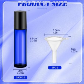 Sumind Essential Oil Roller Bottles - 250 Pcs, 10 ml Glass, Stainless Steel Roller Balls, Leakproof, Funnel Included(Blue)