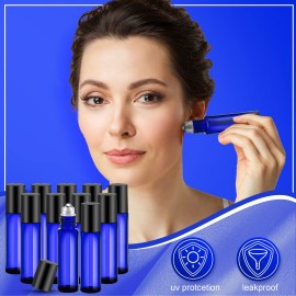 Sumind Essential Oil Roller Bottles - 250 Pcs, 10 ml Glass, Stainless Steel Roller Balls, Leakproof, Funnel Included(Blue)