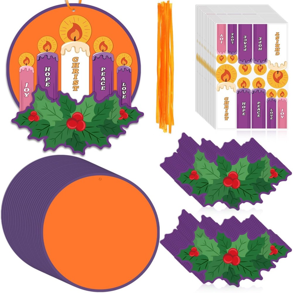 Suzile 24 Sets Christmas Advent Wreath Craft Kits for Kids Hanging Advent Wreath Craft Kits with Christ Joy Peace Love Hope Candle Stickers Holly Leaves Berry Stickers for Christmas Advent Activities