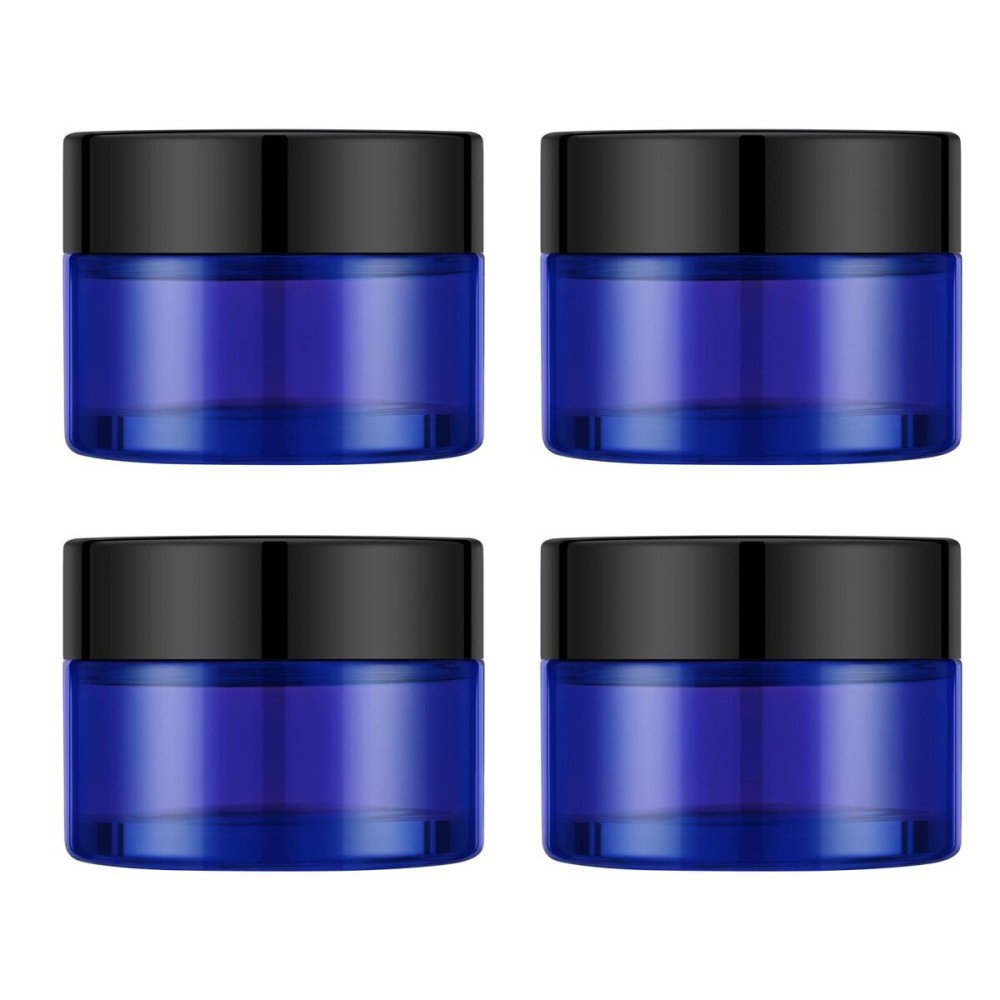 4 Pack 1oz Cosmetic Glass Jars with Lids, Blue Glass Jars with Lids & Stickers, Reusable Empty Round makeup container for Creams, Lotion, Makeup