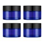 4 Pack 1oz Cosmetic Glass Jars with Lids, Blue Glass Jars with Lids & Stickers, Reusable Empty Round makeup container for Creams, Lotion, Makeup