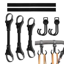 Faddare 3pcs Stroller Connector with 2pcs Stroller Hook, Connector for Toddlers, Quick Release Adjustable Length with Hook Stroller Connector Set Twins(Black)