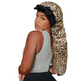 Isshin Beauty Satin Silk Bonnet Hair Cap: Long Bonnets with Elastic Tie Band Adjustable Straps Jumbo Size (Leopard)