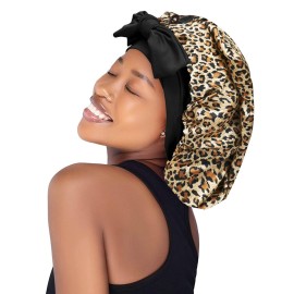 Isshin Beauty Satin Silk Bonnet Hair Cap: Long Bonnets with Elastic Tie Band Adjustable Straps Jumbo Size (Leopard)