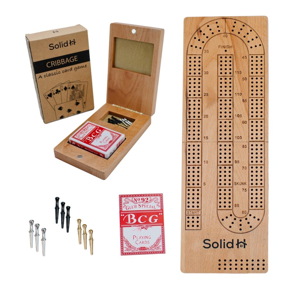 Foldable Cribbage Board Game Set - Travel Cribbage Board Includes Wooden Board with Storage, Metal Pegs, Deck of Cards, Instructions for 2-4 Players