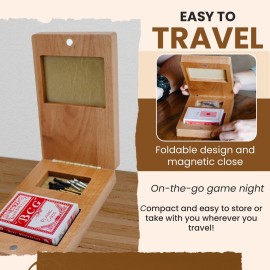 Foldable Cribbage Board Game Set - Travel Cribbage Board Includes Wooden Board with Storage, Metal Pegs, Deck of Cards, Instructions for 2-4 Players