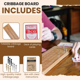 Foldable Cribbage Board Game Set - Travel Cribbage Board Includes Wooden Board with Storage, Metal Pegs, Deck of Cards, Instructions for 2-4 Players