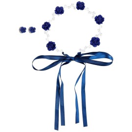 Framendino, Blue Bridal Headband Crystal Flower Crown Wedding Headpiece with Earring Rose Hair Vine for Women