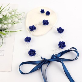 Framendino, Blue Bridal Headband Crystal Flower Crown Wedding Headpiece with Earring Rose Hair Vine for Women