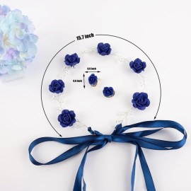 Framendino, Blue Bridal Headband Crystal Flower Crown Wedding Headpiece with Earring Rose Hair Vine for Women