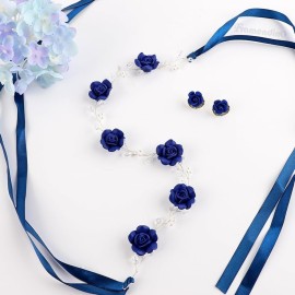 Framendino, Blue Bridal Headband Crystal Flower Crown Wedding Headpiece with Earring Rose Hair Vine for Women