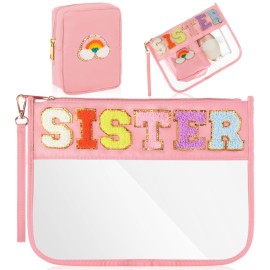 Hillban 2 Pcs Big Sister Gifts from Sister Chenille Letter Bags Preppy Makeup Cosmetic Bag Clear Toiletry Travel Pouch PVC Waterproof Purse Graduate Gift for Friends Women Birthday Souvenir