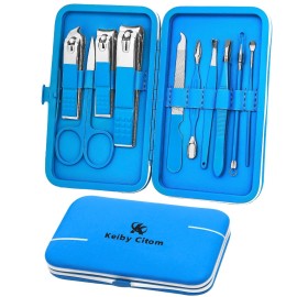 Manicure Set, Travel Mini Nail Clippers Kit Pedicure Care Tools, 10pcs Stainless Steel Grooming kit (Blue)