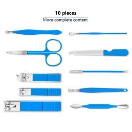 Manicure Set, Travel Mini Nail Clippers Kit Pedicure Care Tools, 10pcs Stainless Steel Grooming kit (Blue)