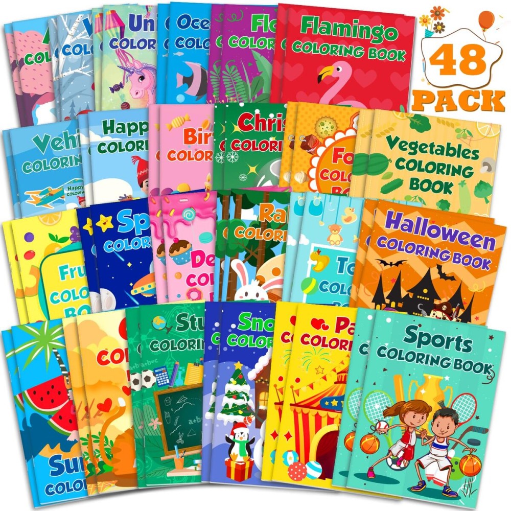 48Pack Mini Coloring Books for Kids Ages 4-8, 2-4, 8-12 - Bulk Small Coloring Books for Party Favors, Birthday Gifts, Classroom Rewards, Travel Activities - Includes Car, Toy, Christmas, Summer Themes