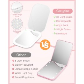 Gospire Ultra-Slim Lighted Travel Makeup Mirror with Lights and Magnification, Rechargeable 3X Magnifying Mirror with 3 Light Colors & Adjustable Brightness, LED Compact Mirror for Purses - White