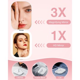 Gospire Ultra-Slim Lighted Travel Makeup Mirror with Lights and Magnification, Rechargeable 3X Magnifying Mirror with 3 Light Colors & Adjustable Brightness, LED Compact Mirror for Purses - White